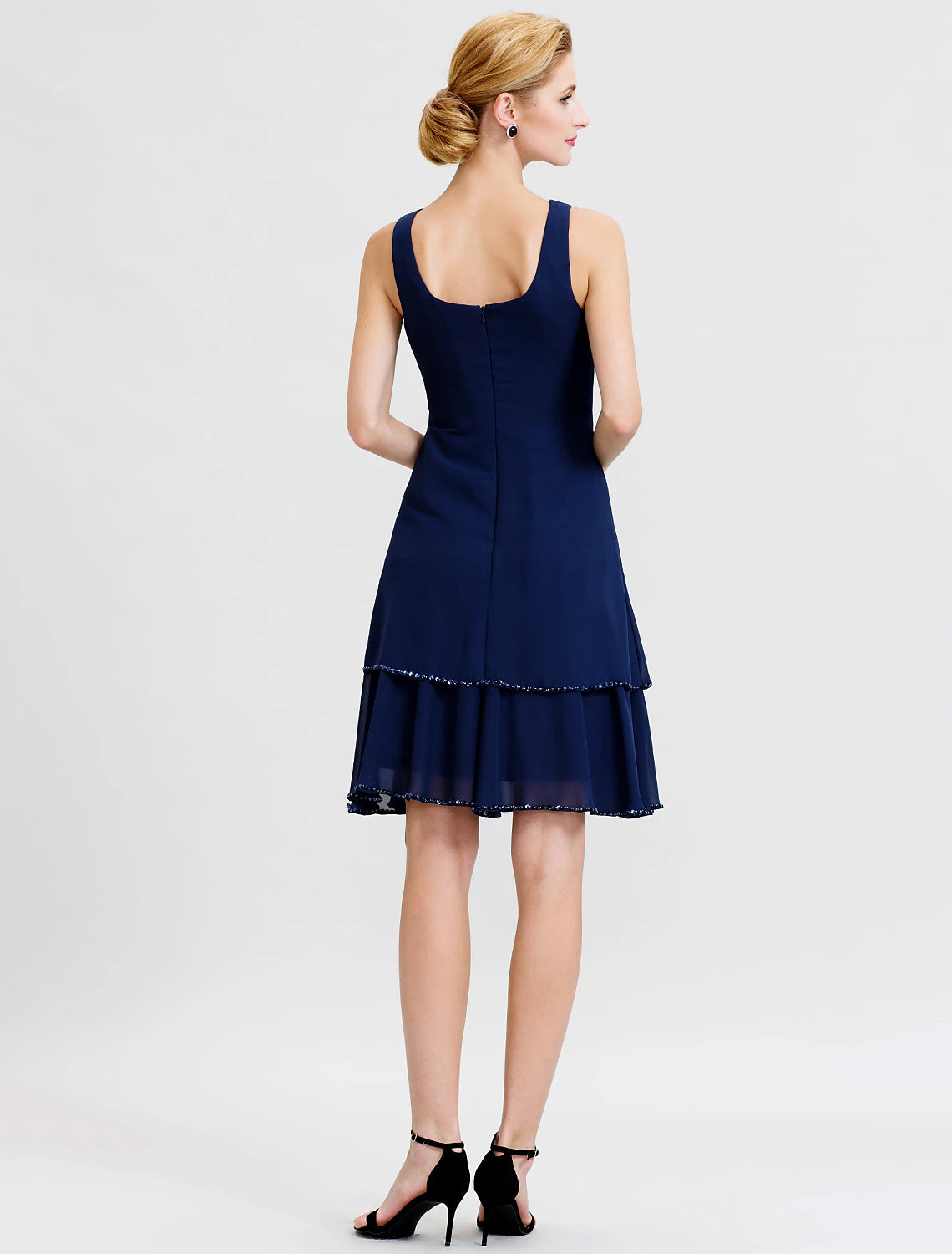 Vestido de gasa para madre de la novia, de dos piezas, con escote redondo, largo hasta la rodilla, con cuentas y lentejuelas.