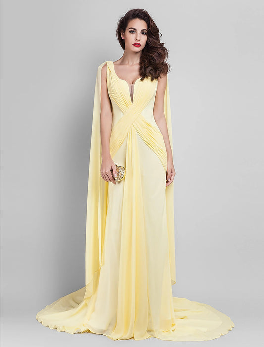 Vestido elegante de corte tubo/columna para invitada de boda, baile de graduación, cola de corte, sin mangas, escote pronunciado, georgette, espalda en V con drapeado lateral entrecruzado