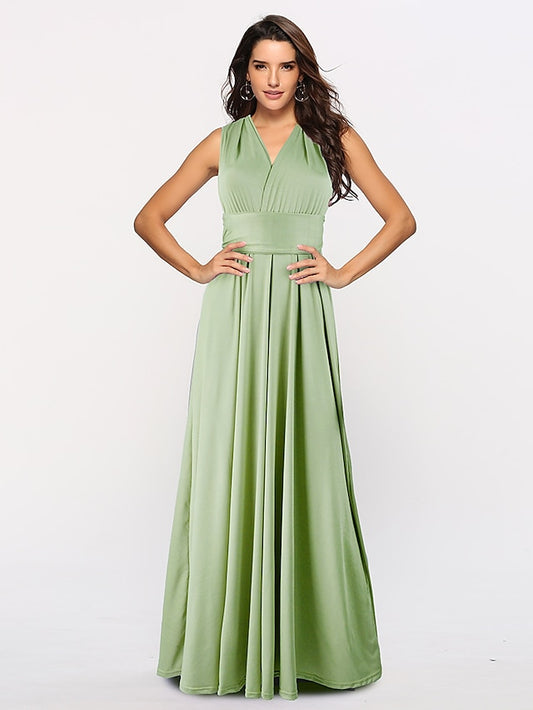 A-Line Bridesmaid Dress Halter / V Neck Sleeveless Convertible Floor Length Spandex with Sash / Ribbon / Pleats