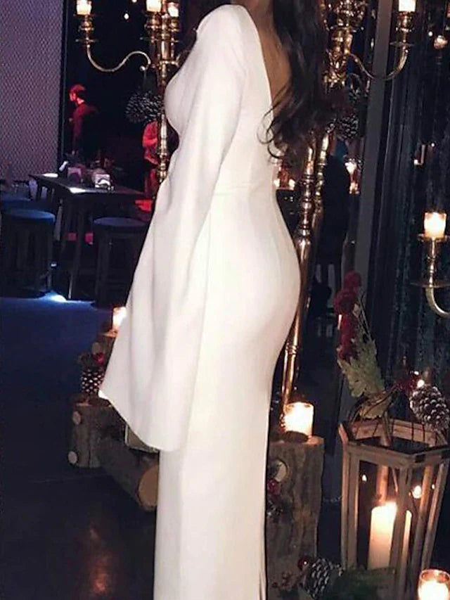 Vestido de cóctel con corte tubo/columna, vestido de fiesta, fiesta, largo hasta la rodilla, manga larga, cuello joya, jersey, espalda descubierta, con elegante color puro.