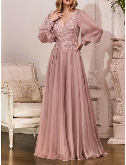 Vestido elegante de dama de honor con escote en V, largo hasta el suelo, manga larga, con apliques plisados y corte en forma de tubo.
