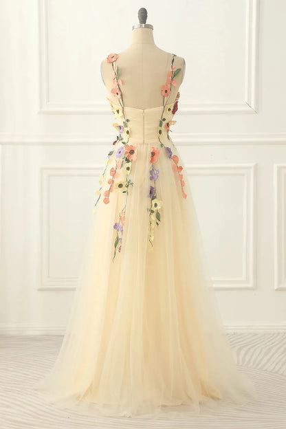 A Line Spaghetti Straps Long Tulle Prom Dress With Embroidery