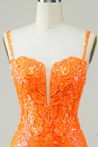 Glitter Tight Corset Lace Up Back Sequin Homecoming Dress with Beading