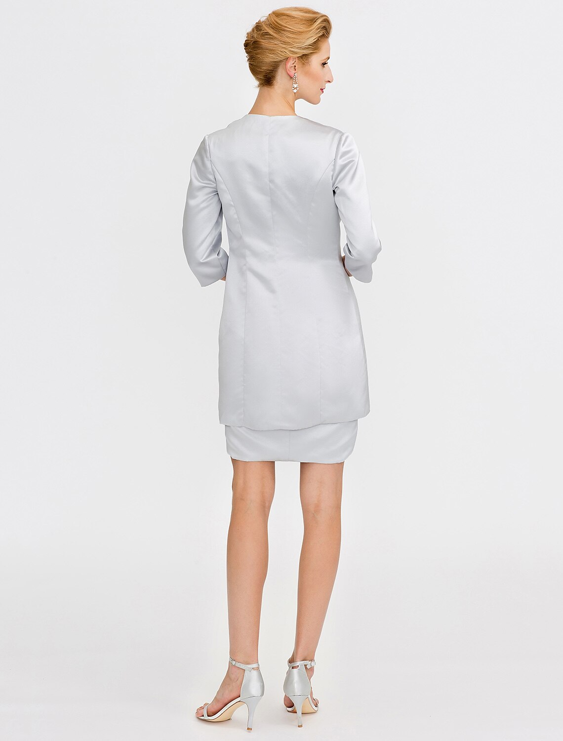 Sheath / Column Mother of the Bride Dress Formal Two Piece Jewel Neck Short / Mini Satin Short Sleeve yes with Lace Pleats