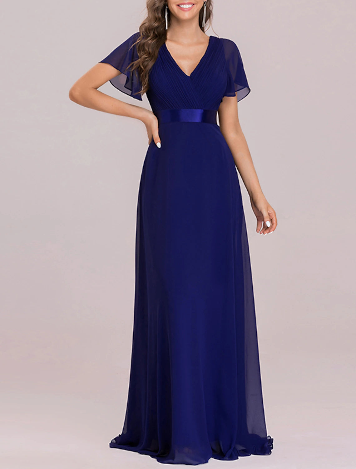 A-Line Empire Fall Wedding Guest Dress For Bridesmaid Plus Size Formal Evening Dress V Neck Short Sleeve Floor Length Chiffon with Pleats Ruched