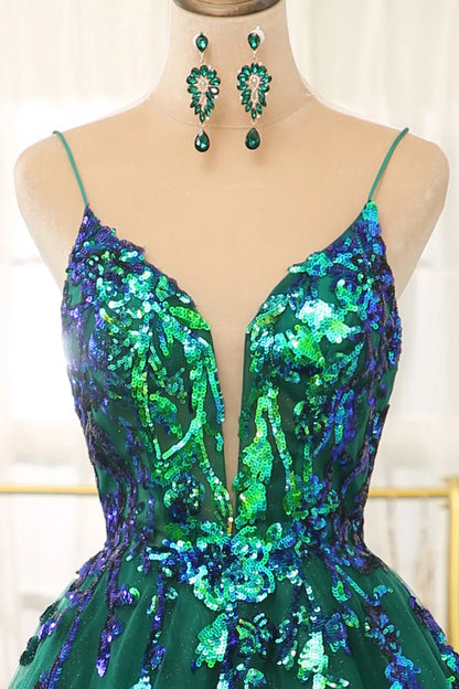A-Line Glitter Tulle Spaghetti Straps Long Prom Dress With Sequin