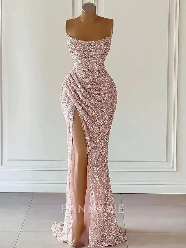 FannyWe Simple Beach Wedding Pink Sheath Sequin Prom Dresses Elegant Dress Formal Prom Floor Length Sleeveless Strapless Masquerade Dress