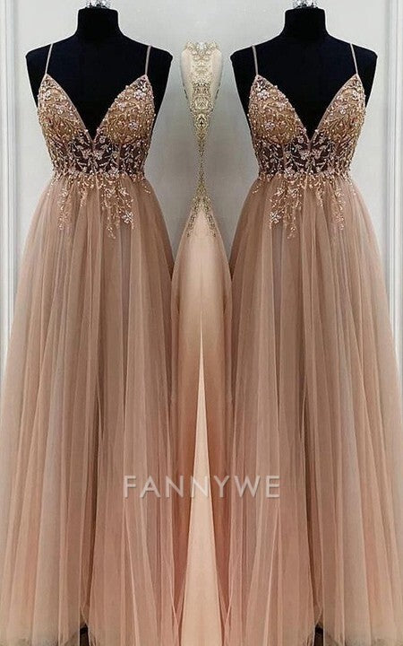 A-Line/Elegant Spaghetti Straps Sleeveless Beading Tulle Floor-Length formal dresses Bridesmaid Dresses evening gown Prom Dress With Split
