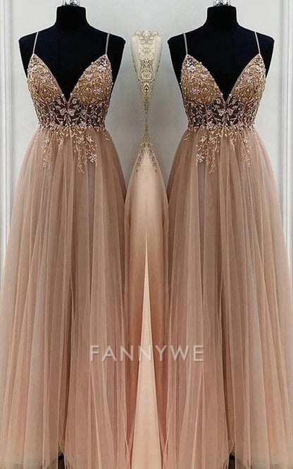 A-Line/Elegant Spaghetti Straps Sleeveless Beading Tulle Floor-Length formal dresses Bridesmaid Dresses evening gown Prom Dress With Split