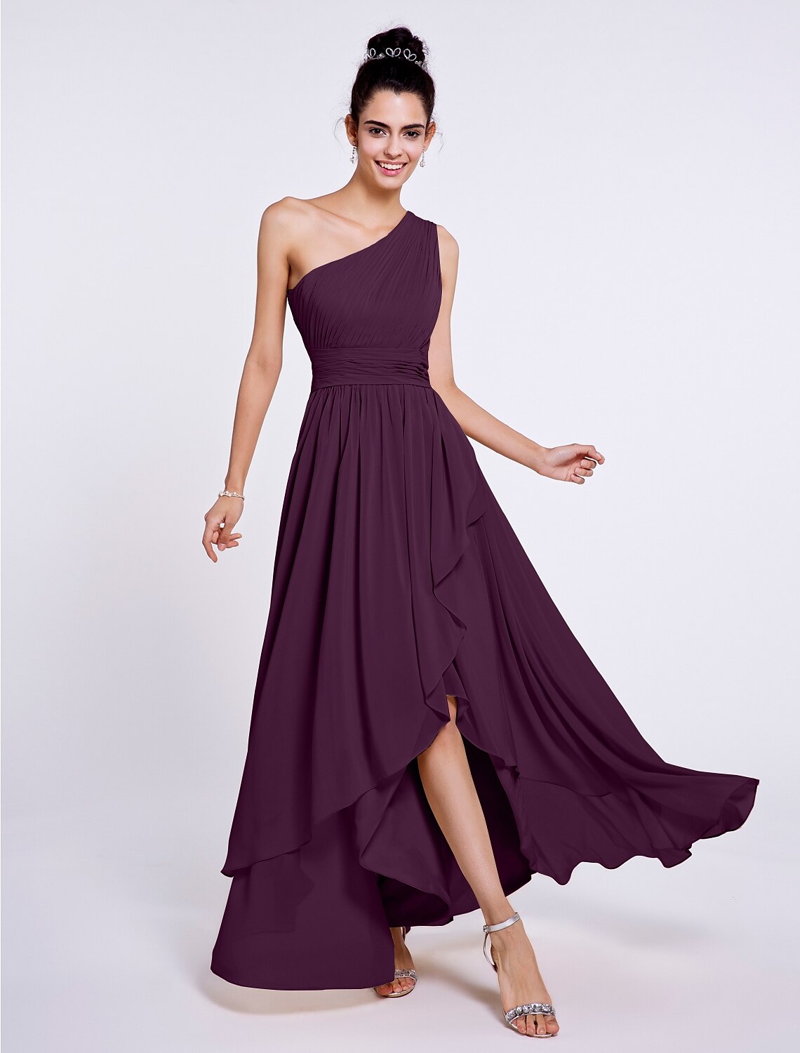 A-Line / Ball Gown One Shoulder Asymmetrical Chiffon Bridesmaid Dress with Sash / Ribbon / Side Draping