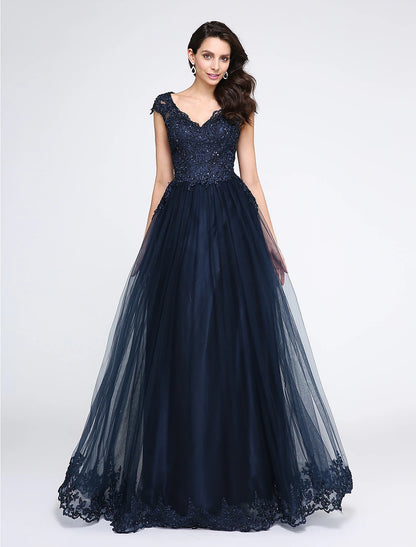 A-Line Little Black Dress Dress Wedding Guest Floor Length Sleeveless V Neck Tulle with Appliques