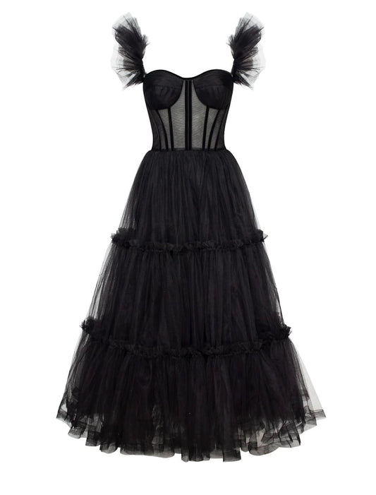 A-Linien-Abschlussballkleid in Schwarz, Vintage-Kleid, Maskerade, knöchellang, ärmellos, Sweetheart Wednesday, Addams Family, Tüll, überkreuzter Rücken mit Falten und Rüschen