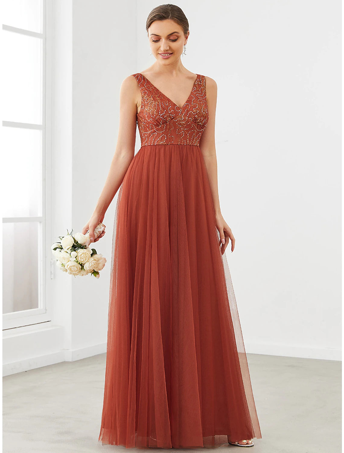 A-Linie Ballkleider Sparkle &amp; Shine Kleid Homecoming Hochzeitsgast Bodenlang Ärmellos V-Ausschnitt Tüll mit Drapierung Spleißen