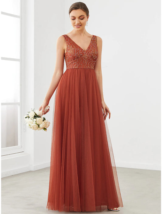 A-Linie Ballkleider Sparkle &amp; Shine Kleid Homecoming Hochzeitsgast Bodenlang Ärmellos V-Ausschnitt Tüll mit Drapierung Spleißen