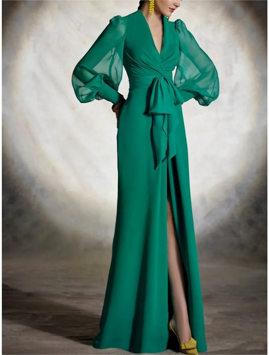 Vestido de fiesta con corte tubo, para invitadas de boda, vestido formal de otoño, largo hasta el suelo, manga larga, cuello en V, gasa con abertura, mariposa, con tiras