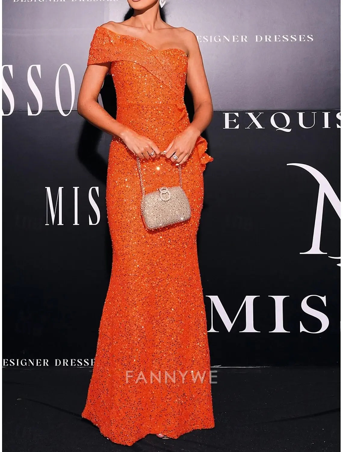 FannyWe Simple Mermaid / Trumpet Evening Gown Elegant Dress Wedding Wedding Guest Floor Length Sleeveless One Shoulder Sequined Lace with Ruffles