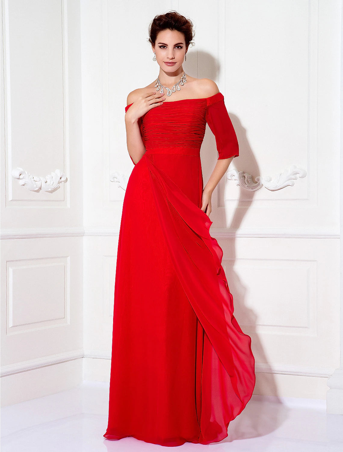 Vestido minimalista de corte tubo/columna para invitada de boda, vestido formal de noche con cola larga/cepillo, media manga, hombros descubiertos, vestido de dama de honor de gasa con drapeado fruncido