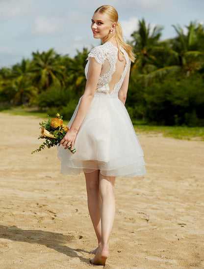 Wedding Dresses A-Line V Neck Sleeveless Knee Length Tulle Bridal Gowns With Sash / Ribbon Beading