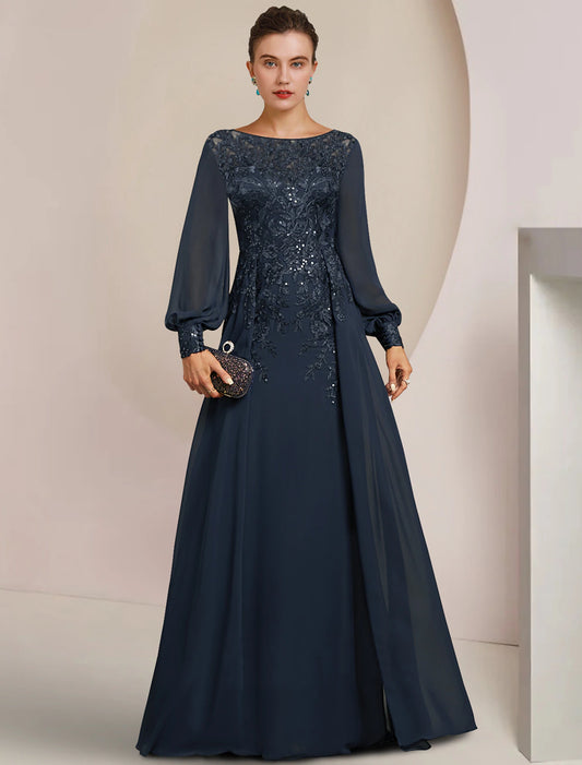 Vestido de madre de la novia con corte tubo/columna, elegante, escote redondo, largo hasta el suelo, de gasa, con encaje, manga larga y apliques de lentejuelas.