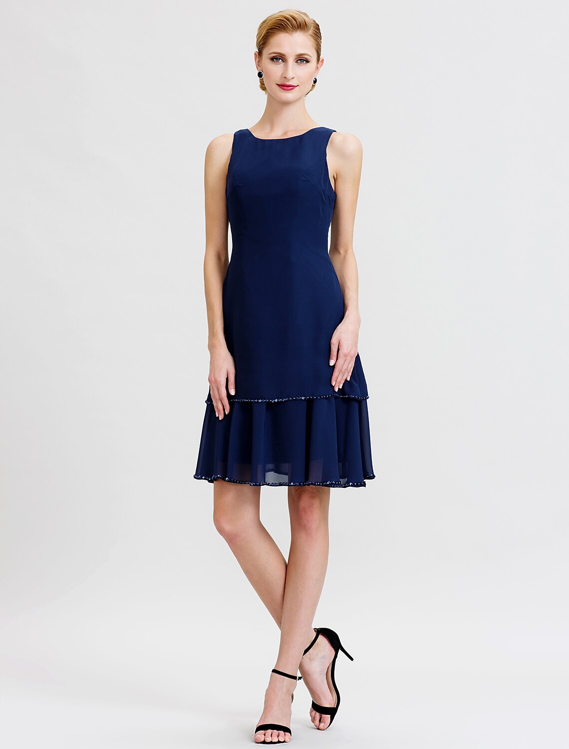 Vestido de gasa para madre de la novia, de dos piezas, con escote redondo, largo hasta la rodilla, con cuentas y lentejuelas.