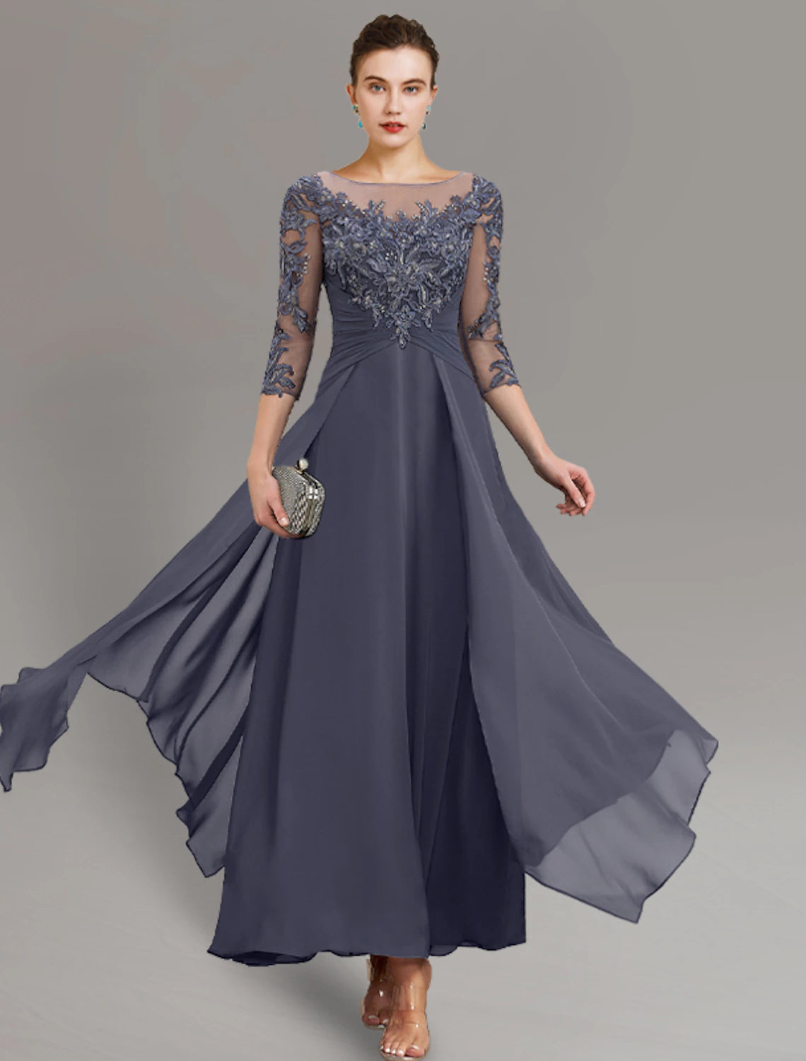 Sheath / Column Mother of the Bride Dress Wedding Guest Elegant Simple Jewel Neck Ankle Length Chiffon Lace 3/4 Length Sleeve with Pleats Sequin