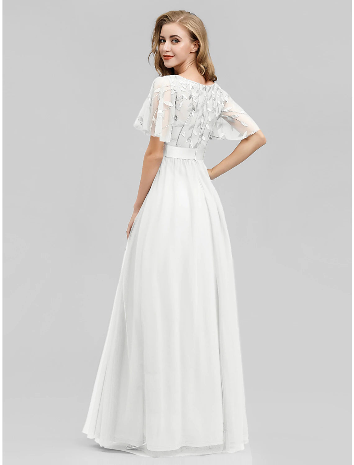 A-Line Prom Dresses Empire Dress Wedding Guest Floor Length Short Sleeve Jewel Neck Tulle with Sequin Appliques