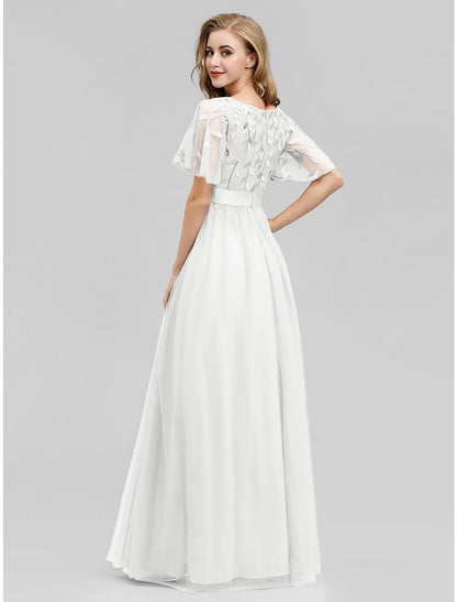 A-Line Prom Dresses Empire Dress Wedding Guest Floor Length Short Sleeve Jewel Neck Tulle with Sequin Appliques