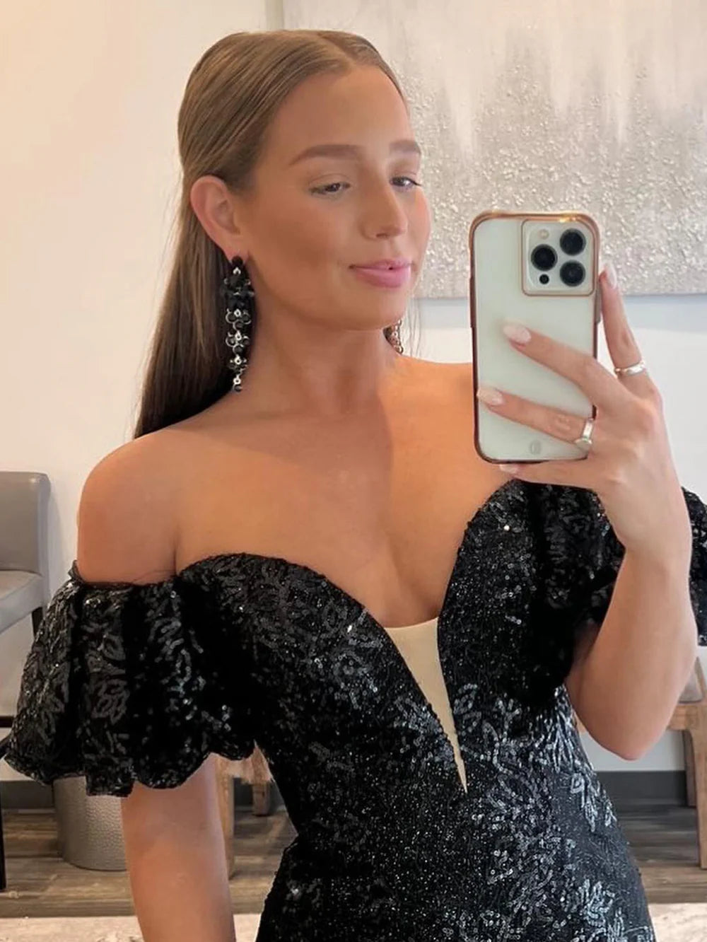 Vestido de fiesta largo de sirena con lentejuelas y sin tirantes