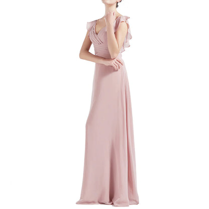 V Neck Ruffle Cap Sleeve Long Bridesmaid Dresses