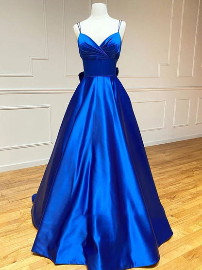 A Line V Neck Long Satin Prom Dress With Bow Tie