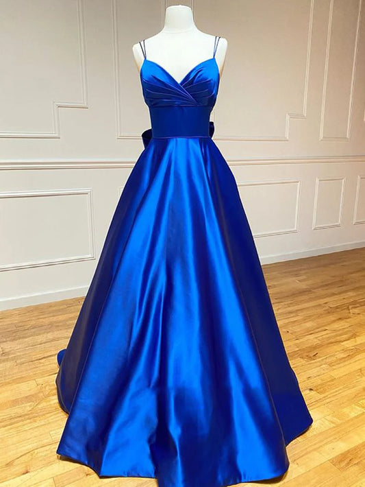 A Line V Neck Long Satin Prom Dress With Bow Tie