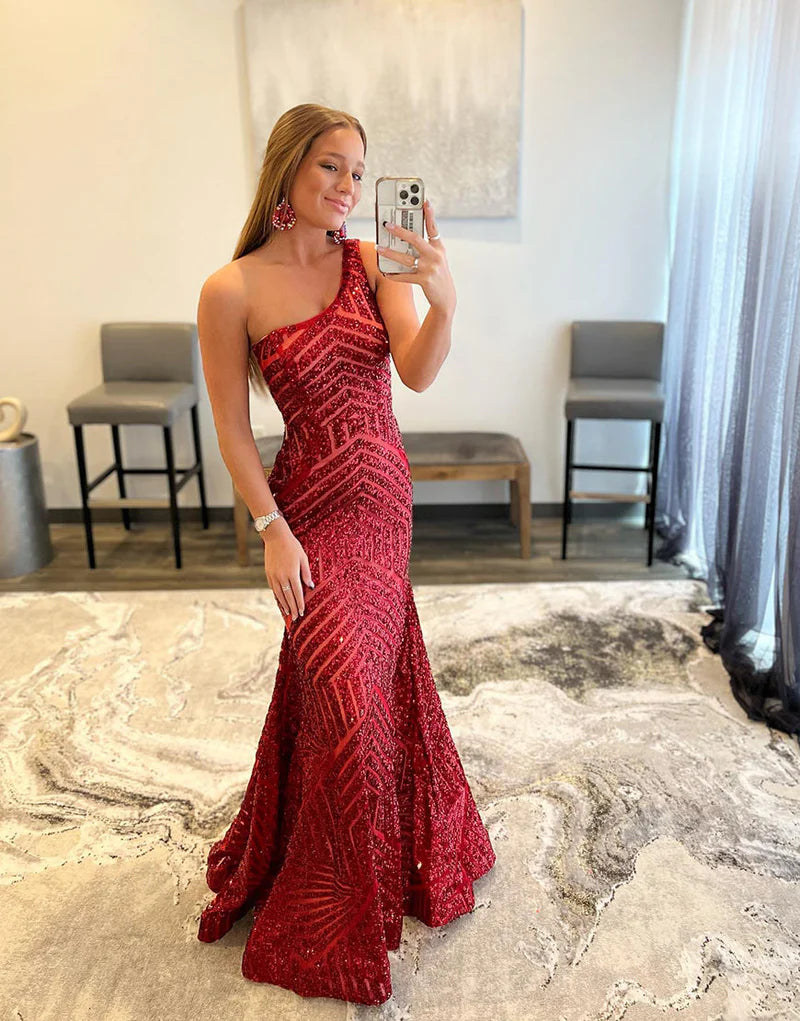 Vestido de fiesta de sirena con lentejuelas y un solo hombro