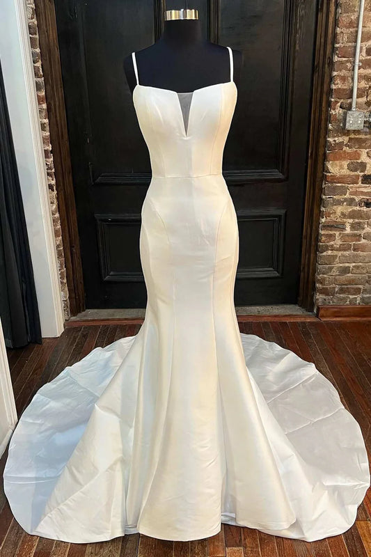Mermaid Spaghetti Straps Long Lace Wedding Dress