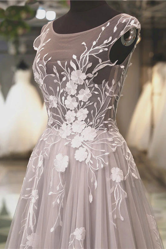 Tulle lace applique long prom dress
