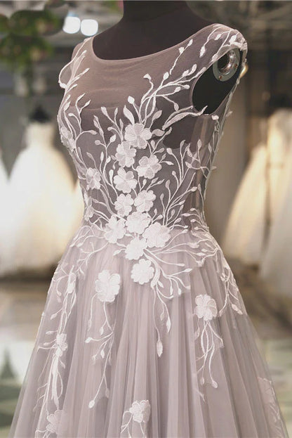 Tulle lace applique long prom dress