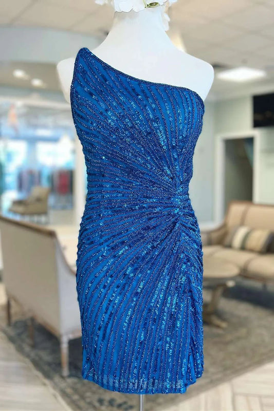 Beaded One-Shoulder Short Cocktail Dress Homecoming Dresses