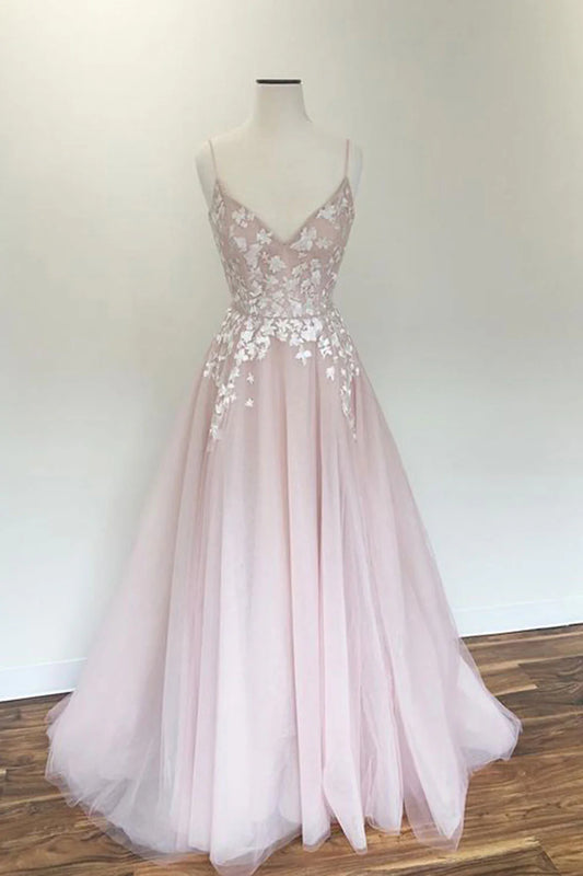 V neck tulle applique long prom dress