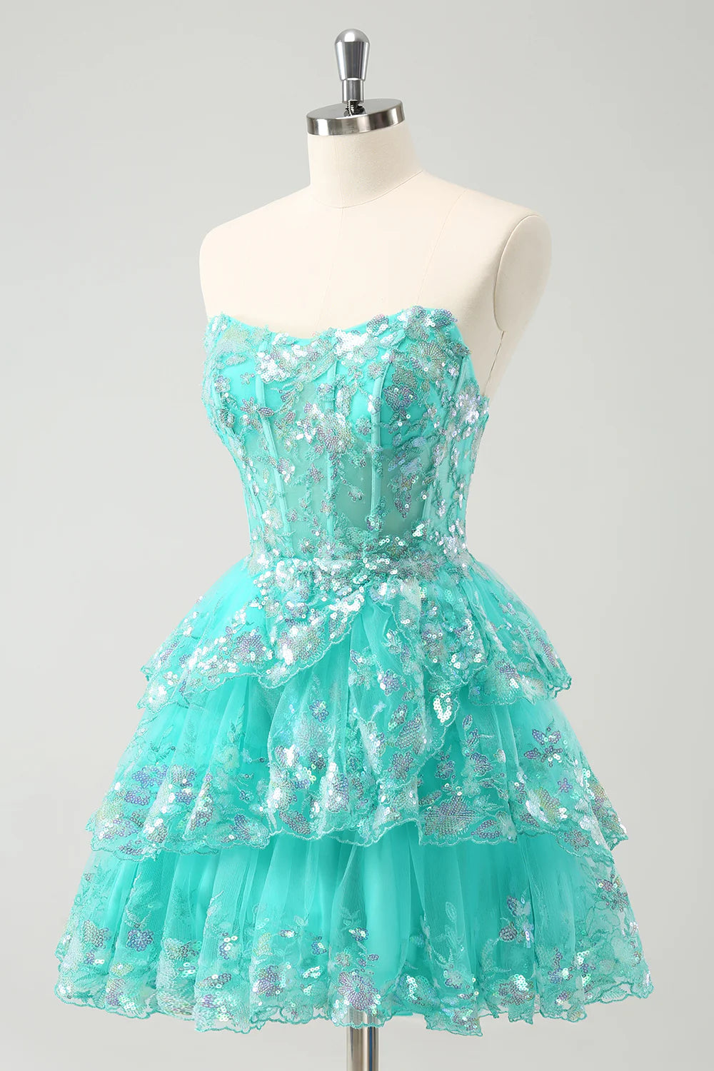 A Line Strapless Sequined Cute Glitter Tiered Corset Homecoming Dress