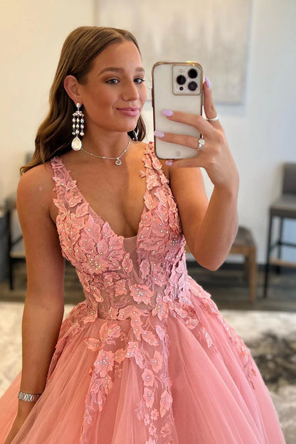 A Line Appliques Deep V Neck Long Prom Dress