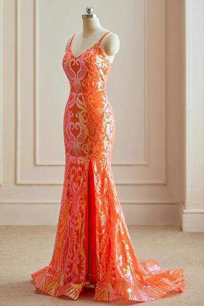 Mermaid Spaghetti Straps Sequins Split Prom Dress