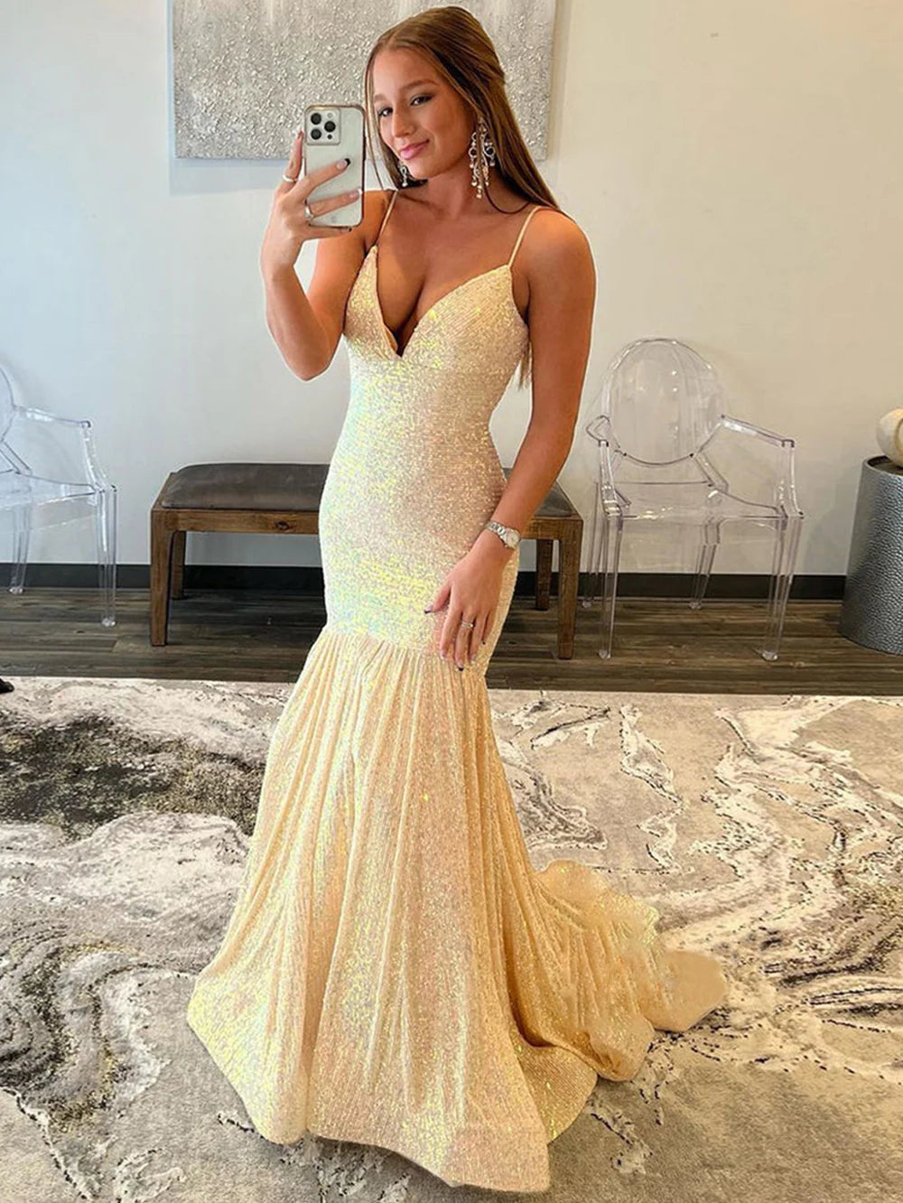 Vestido de fiesta de sirena con escote en V y lentejuelas