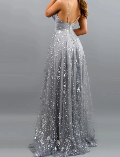 Vestidos de fiesta de corte A, brillantes y con brillo, para invitados de boda, de compromiso, con cola larga/cepillo, sin mangas, escote en V, satén con pliegues, abertura con lentejuelas
