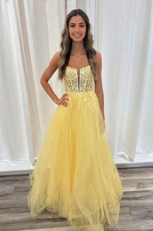 A Line V Neck Backless Lace Long Prom Dresses