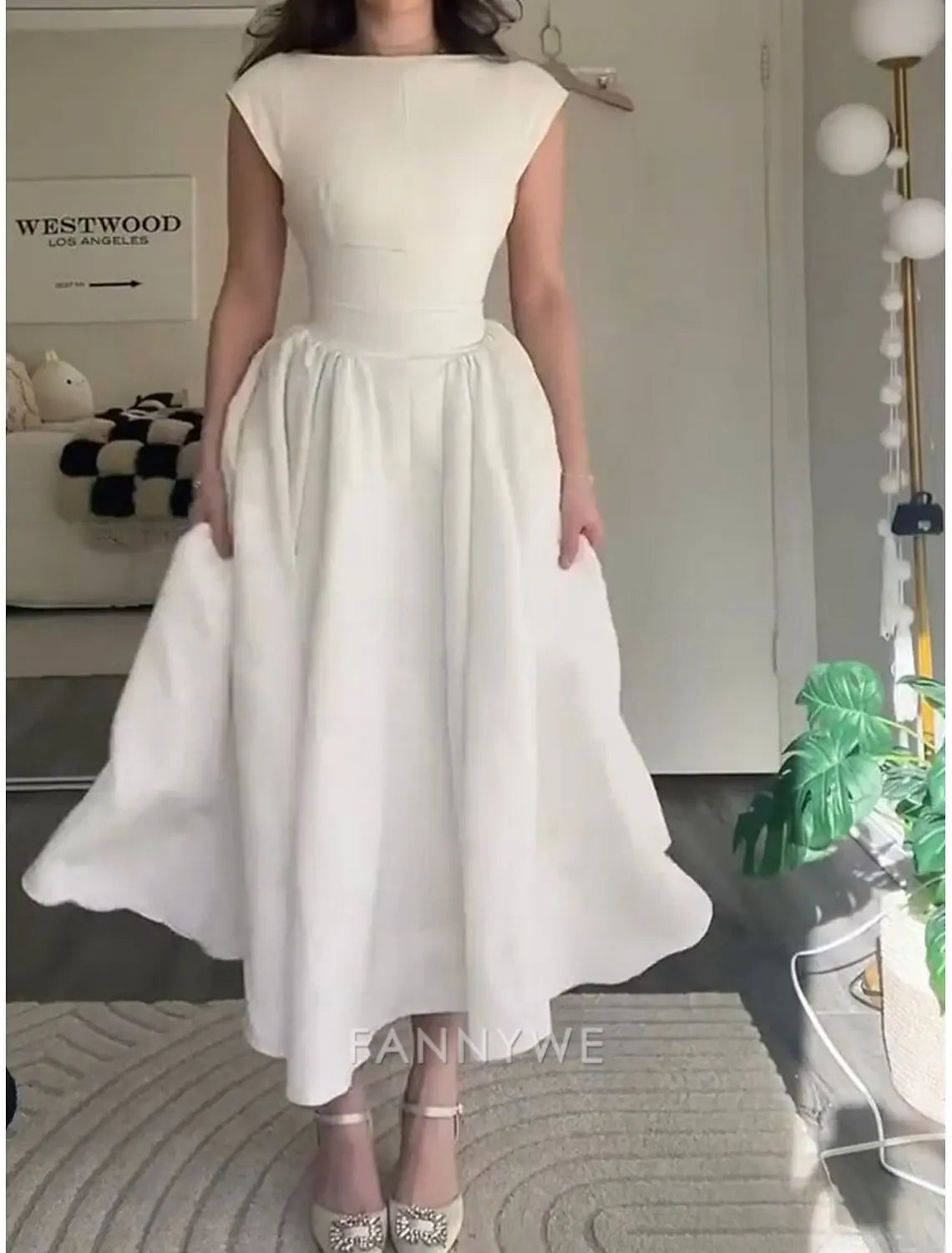 FannyWe Schlichte A-Linie Partykleider Elegantes Kleid Hochzeit Hochzeitsgast Knöchellang Ärmellos Juwelausschnitt Polyester Rückenfrei mit Falten Kleider