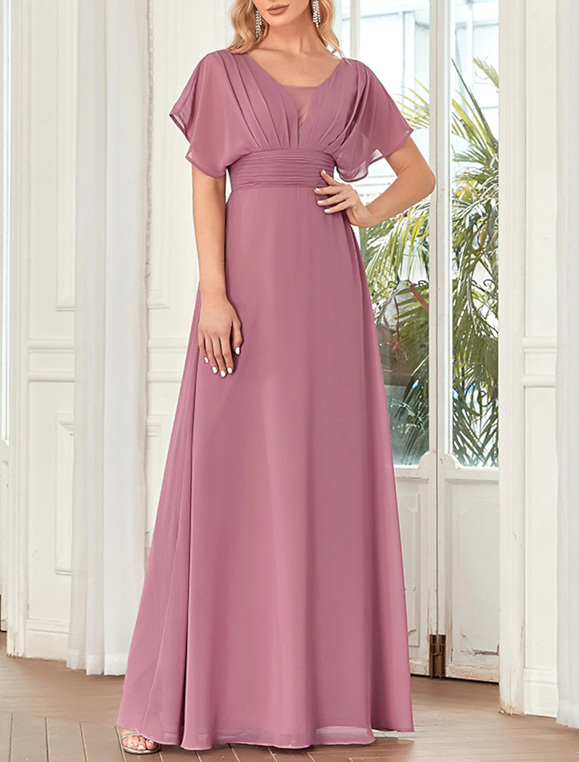 Vestido de noche formal elegante de corte A, escote en V, manga corta, largo hasta el suelo, de gasa con drapeado