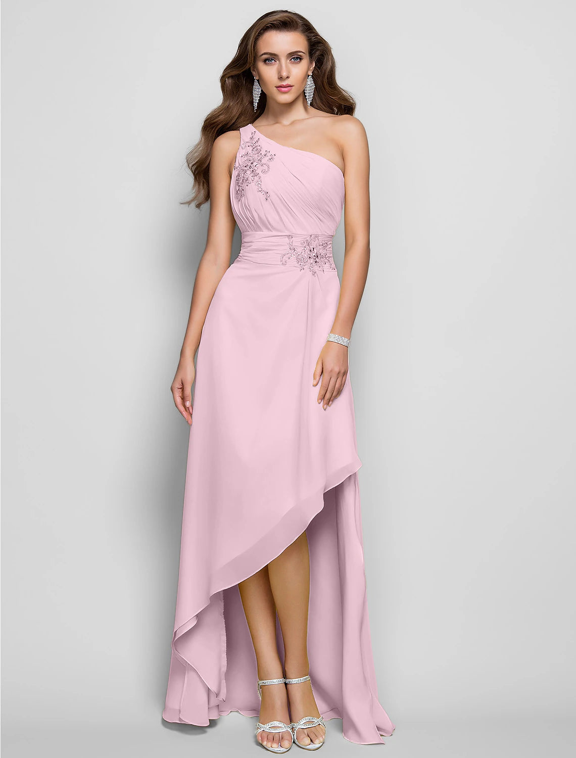 Vestido elegante de corte tubo/columna para invitada de boda, cóctel, asimétrico, sin mangas, un hombro, dama de honor, de gasa con apliques de abertura y cuentas.