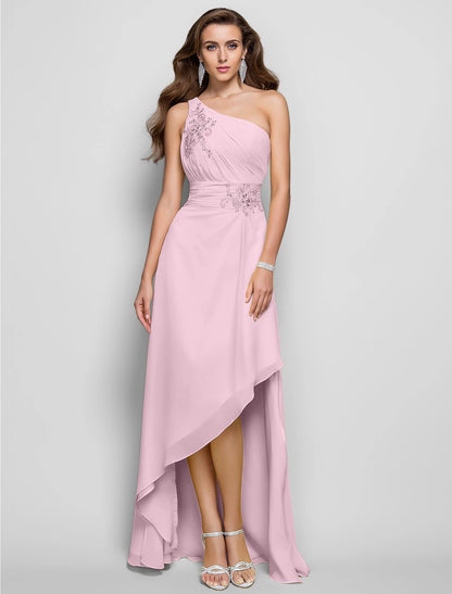 Vestido elegante de corte tubo/columna para invitada de boda, cóctel, asimétrico, sin mangas, un hombro, dama de honor, de gasa con apliques de abertura y cuentas.