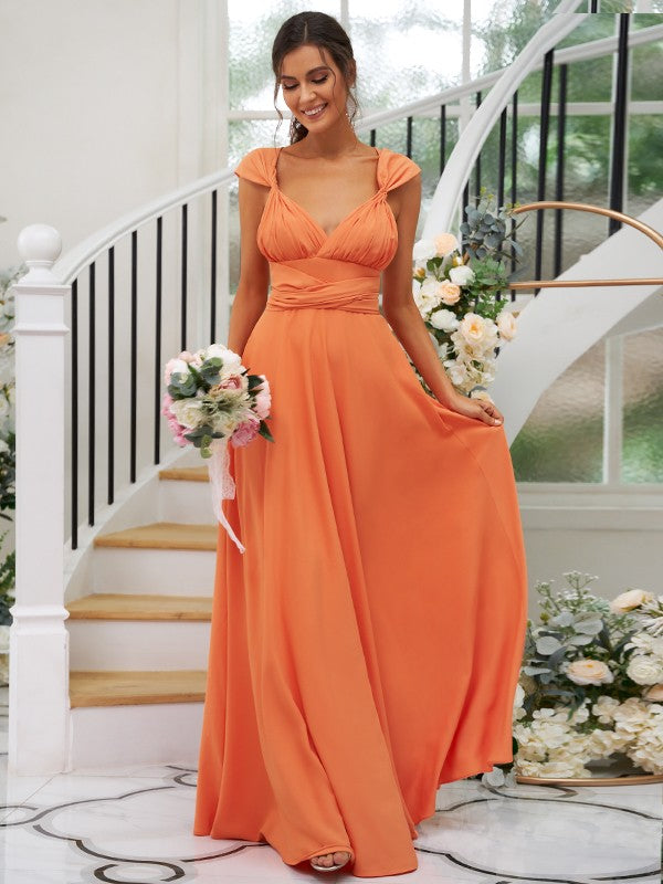 A-Line/Princess Jersey Ruched V-neck Sleeveless Floor-Length Bridesmaid Dresses