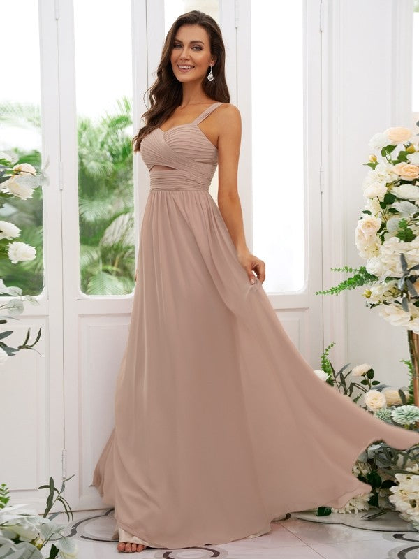 A-Linie/Princess-Linie Chiffon Gerüscht Träger Ärmellos Bodenlang Brautjungfernkleider
