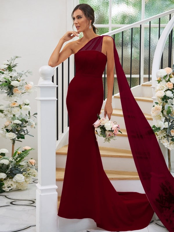 Sheath/Column Stretch Crepe Ruched One-Shoulder Sleeveless Sweep/Brush Train Bridesmaid Dresses